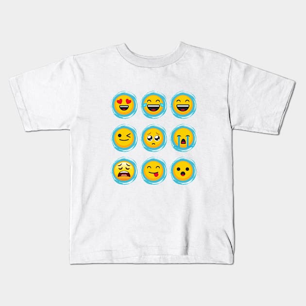 Emojination 9 Classic Yellow Faces Blue Circles Kids T-Shirt by Elysian Alcove